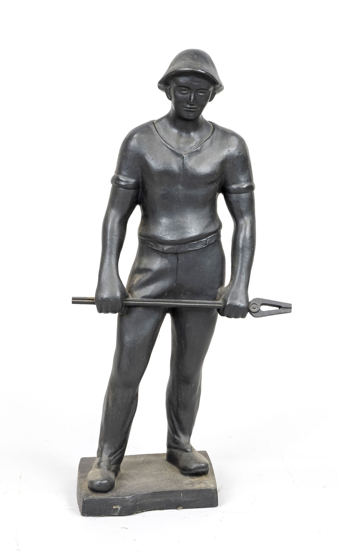 Anonymous sculptor, c. 1930, steelworker with tongs, black fired iron figure on plinth, unsigned, h.