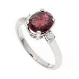 Ruby-brilliant ring WG 750/000 with an oval faceted ruby 2.83 ct in a darker red, transparent with