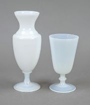 Milk glass vase, 20th century, round base, urn-shaped body, flared rim, white milk glass, h. 19