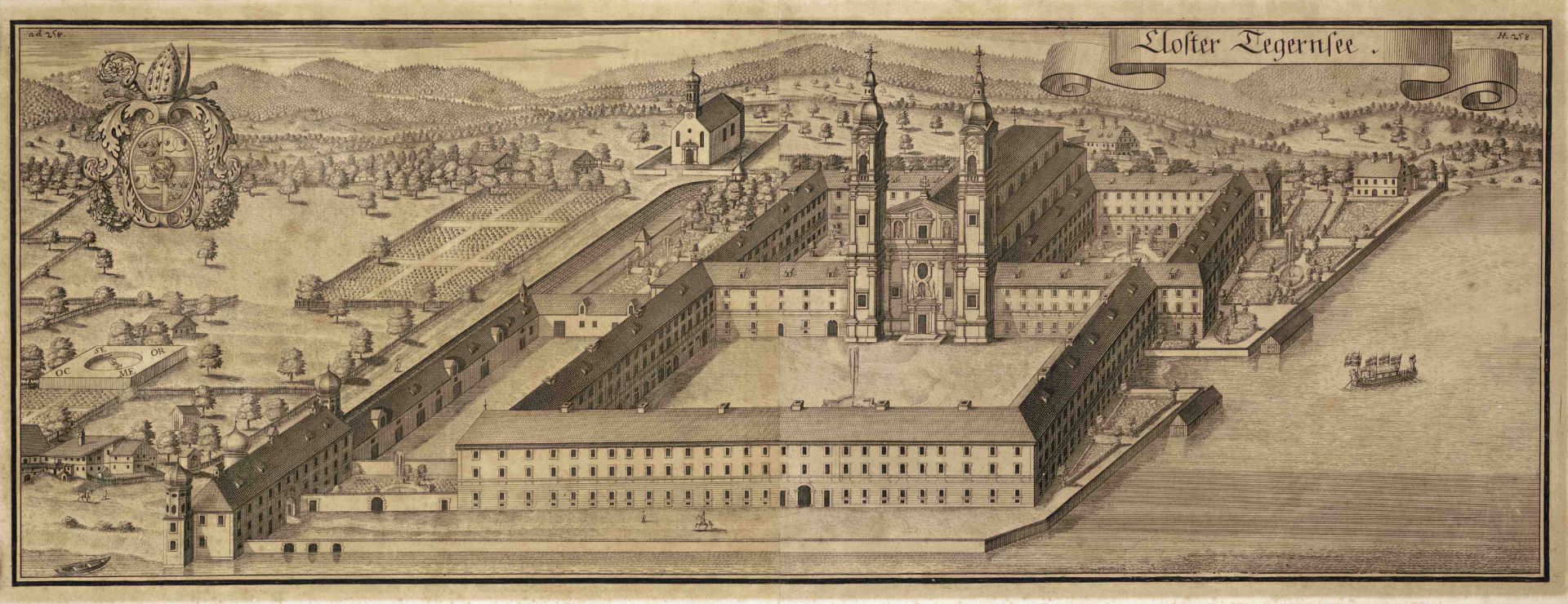 Historical view of the Tegernsee monastery in Bavaria, large-format copper engraving from two