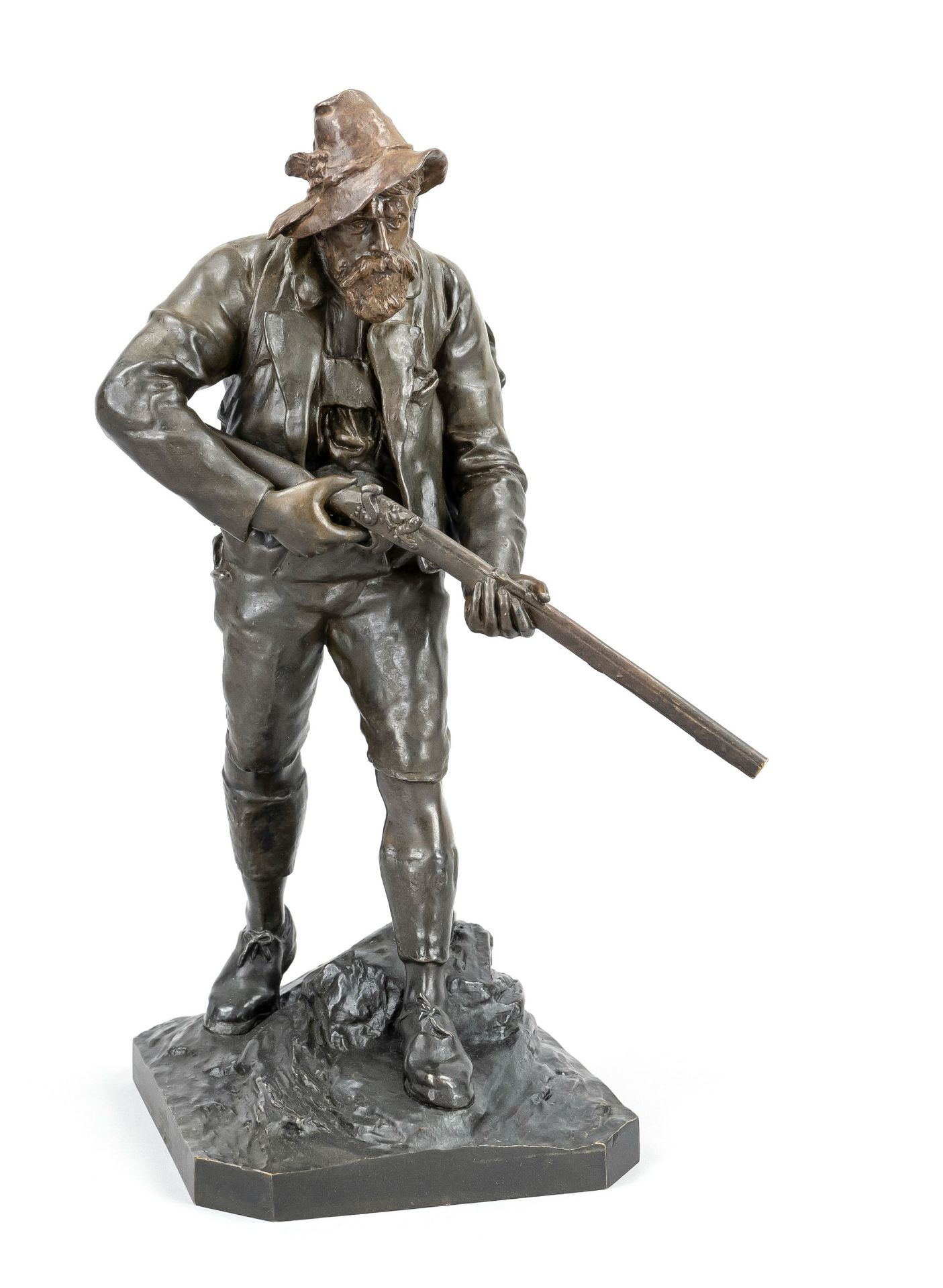 Johan Eduard Dannhauser (1869-?), standing figure of a hunter, two-tone patinated bronze, signed and