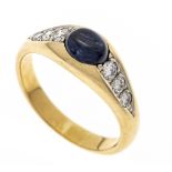 Sapphire and brilliant-cut diamond band ring GG 750/000 with an oval sapphire cabochon 6.4 x 5.2