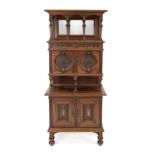 Historicist decorative cabinet, c. 1880, walnut, four doors, two drawers, mirrored above, 150 x 70 x