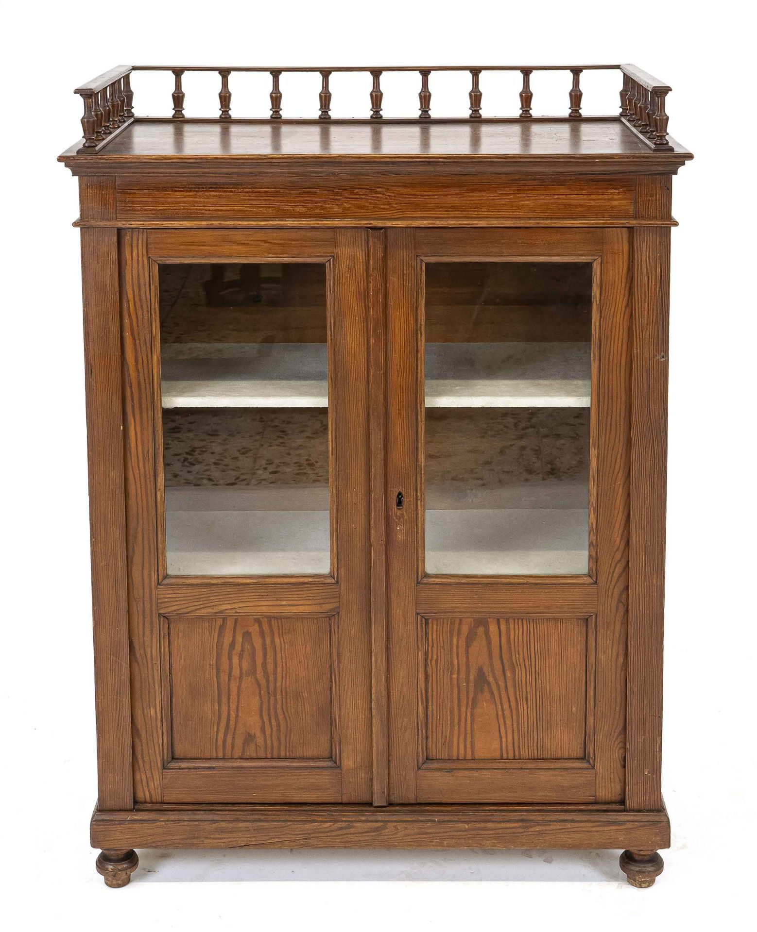 Small glass cabinet, c. 1900, softwood, 2-door body, gallery running around the top, 110 x 74 x 33