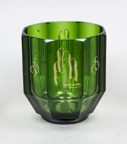 Vase, 1st half 20th century, round base, octagonal body, green glass with stylized gold