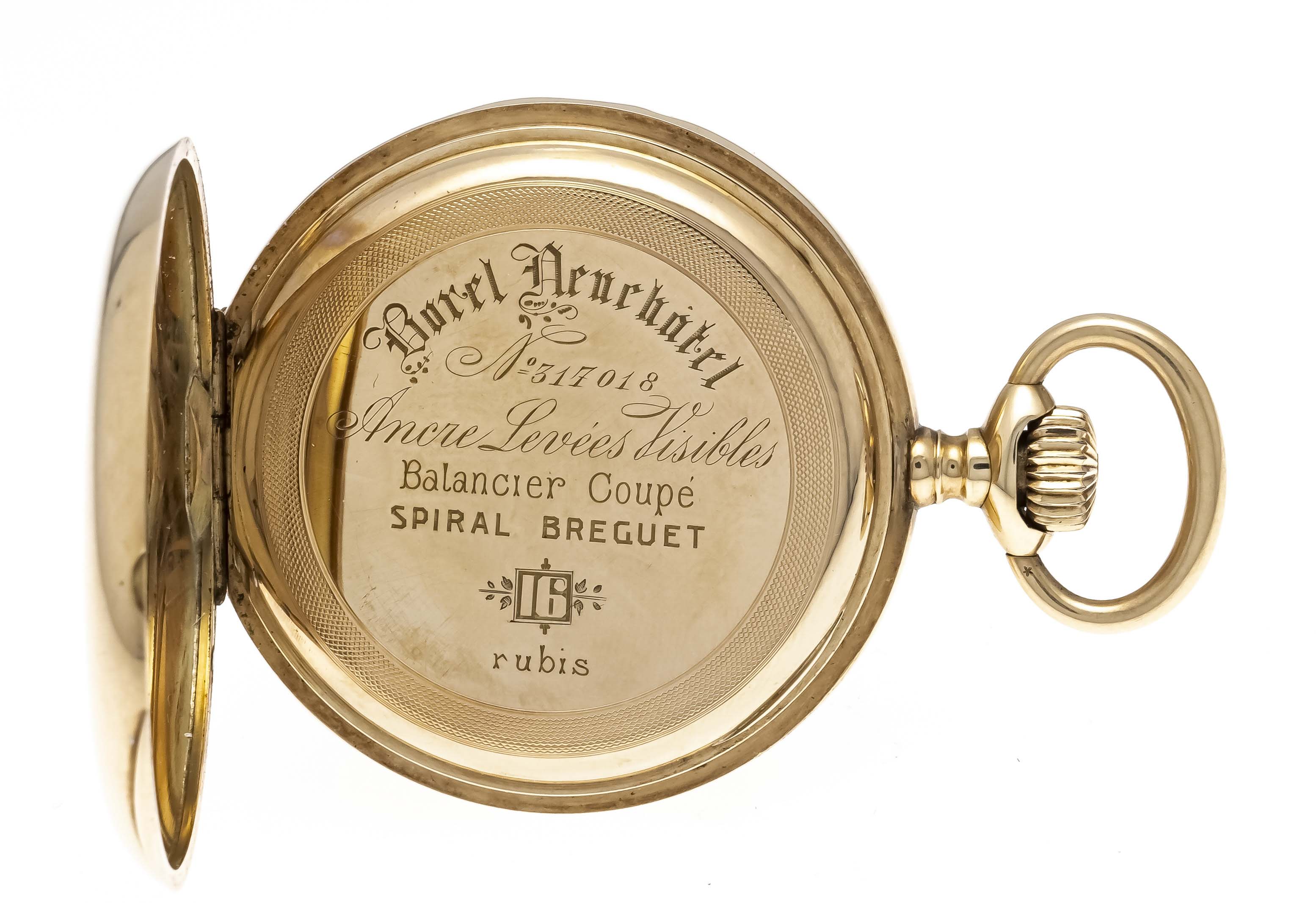 Men's sprung lid pocket watch, Borel Neuchatel, 585/000 GG, 3 gold lids, polished case, circa - Image 2 of 4