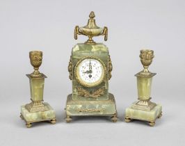 small 3-part clock set, green onyx, decorated with applied appliqués, crowned by a bowl with pine