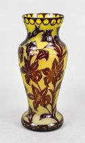 Vase, early 20th century, round stand, curved body, yellowish glass, partly overlaid in red, with