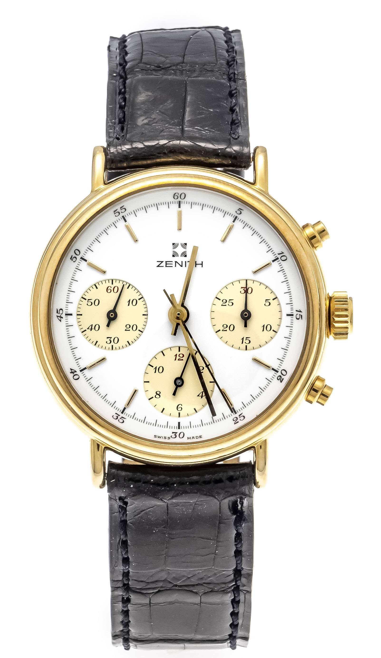 Zenith, chronograph, manual winding, Ref. 27.0140.203, circa 1990, gold-plated case with 40ym, white