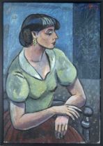 Monogrammist AB, mid-20th century, Woman in a green blouse against a blue background, oil on