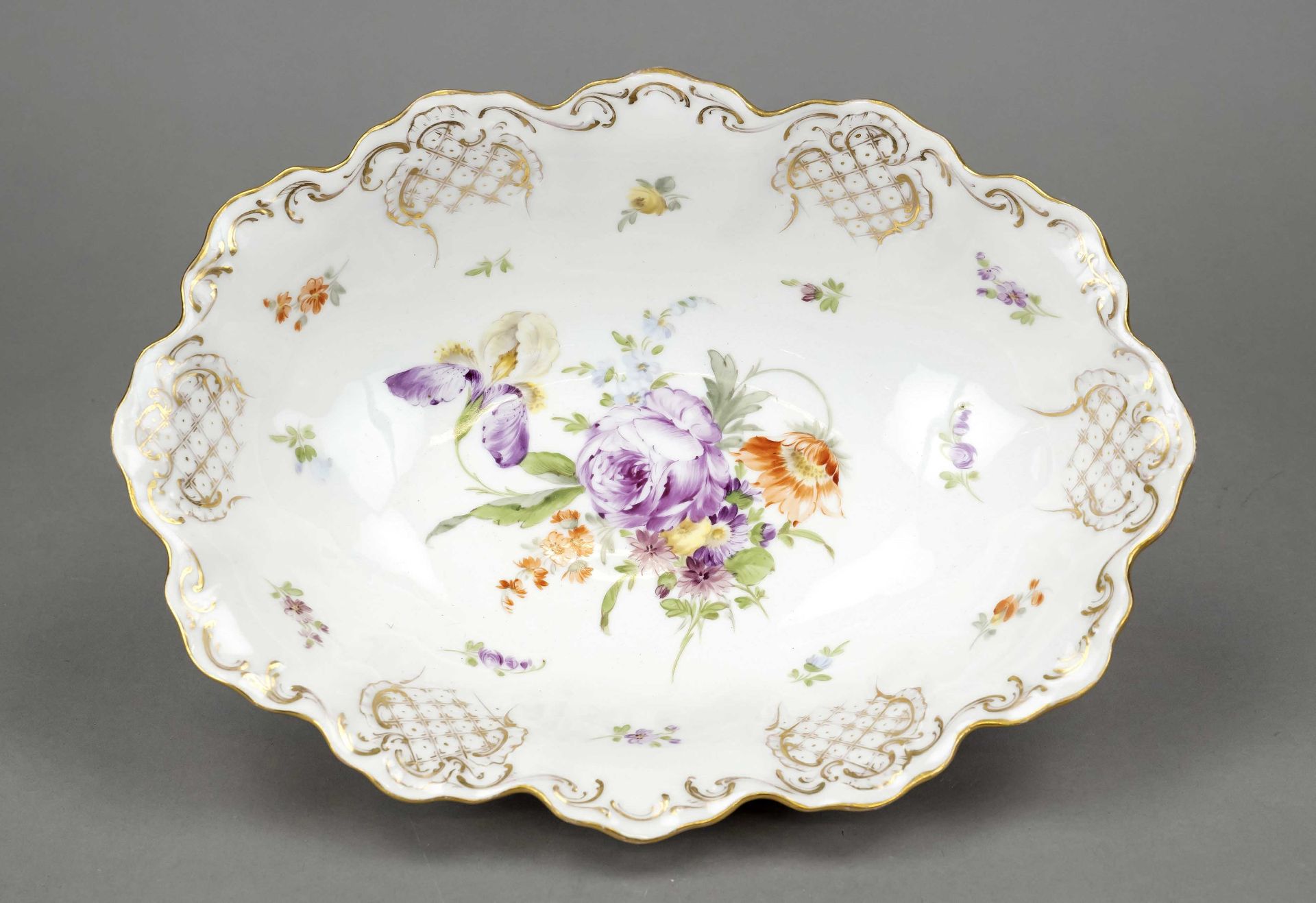 Oval decorative bowl, Richard Klemm, Dresden, Marek 1888-1918, polychrome flower painting with - Image 2 of 2