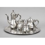 A four-piece coffee and tea centerpiece on an oval tray, England, 20th century, plated, on 4
