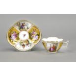 A cup and saucer, Helena Wolfsohn, Dresden, mark 1875-83, of curved form with a square handle,