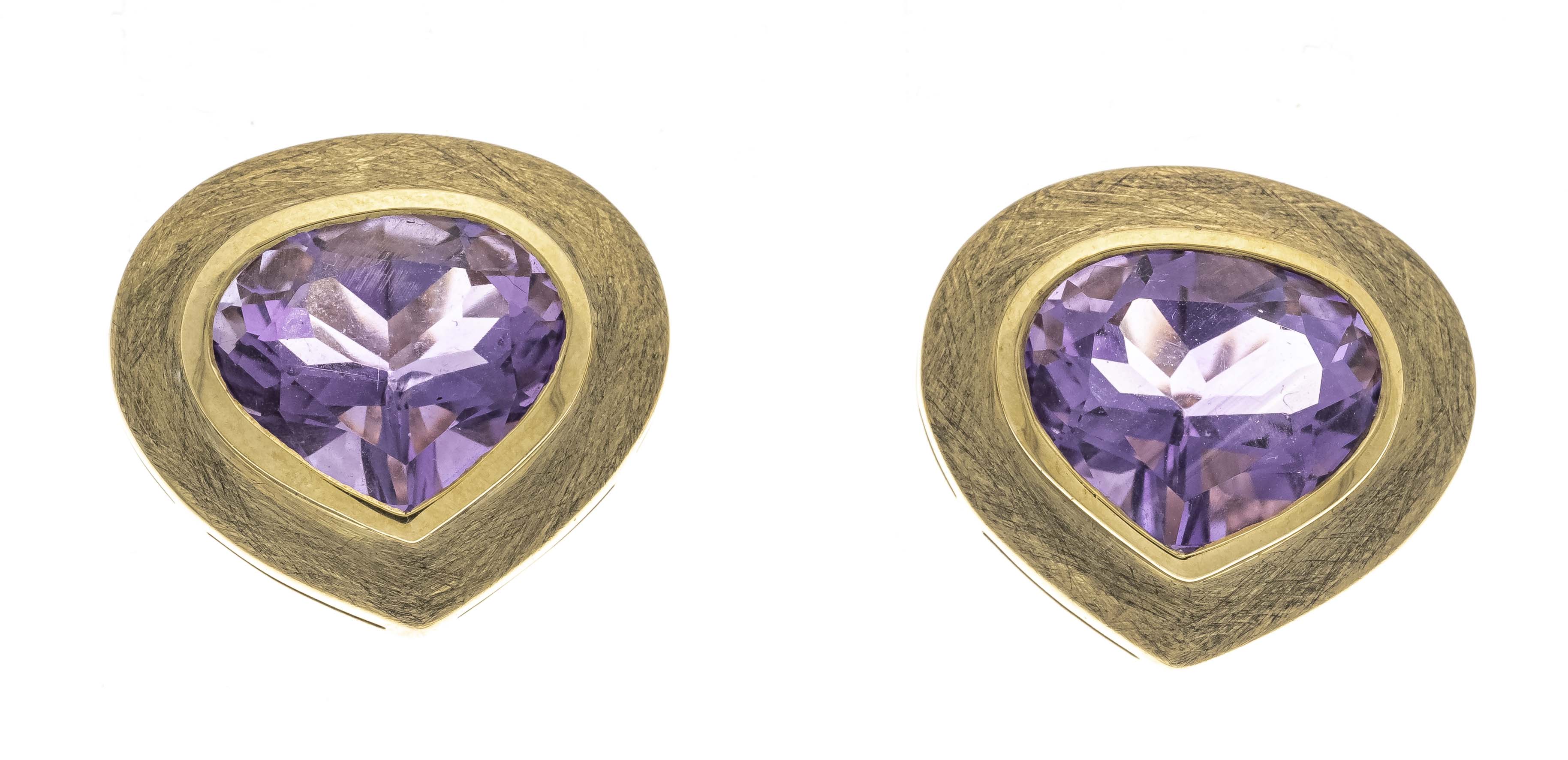 Amethyst ear studs GG 375/000 partially matted, with 2 faceted amethyst drops 11.2 x 13.1 mm, l.