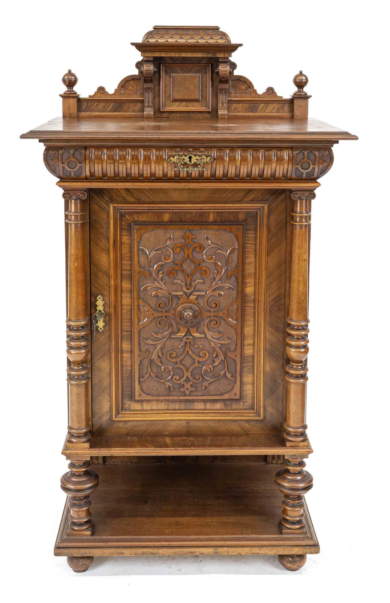 Wilhelminian-style semi-cabinet from around 1880, walnut, 1-door body with drawer, 153 x 80 x 50 cm