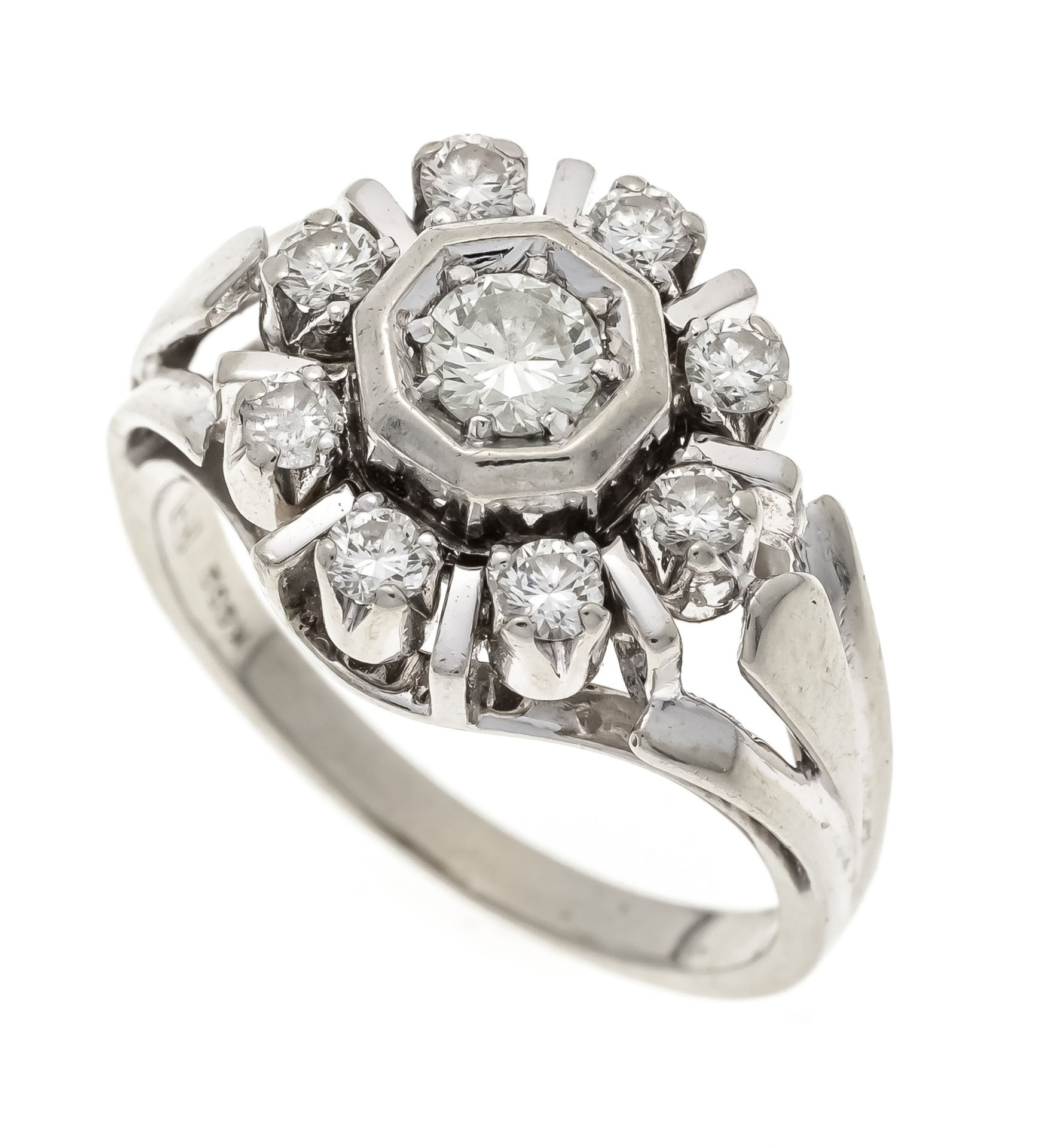 Diamond ring WG 750/000 with one brilliant-cut diamond 0.40 ct l.tintedW/VS and 8 brilliant-cut