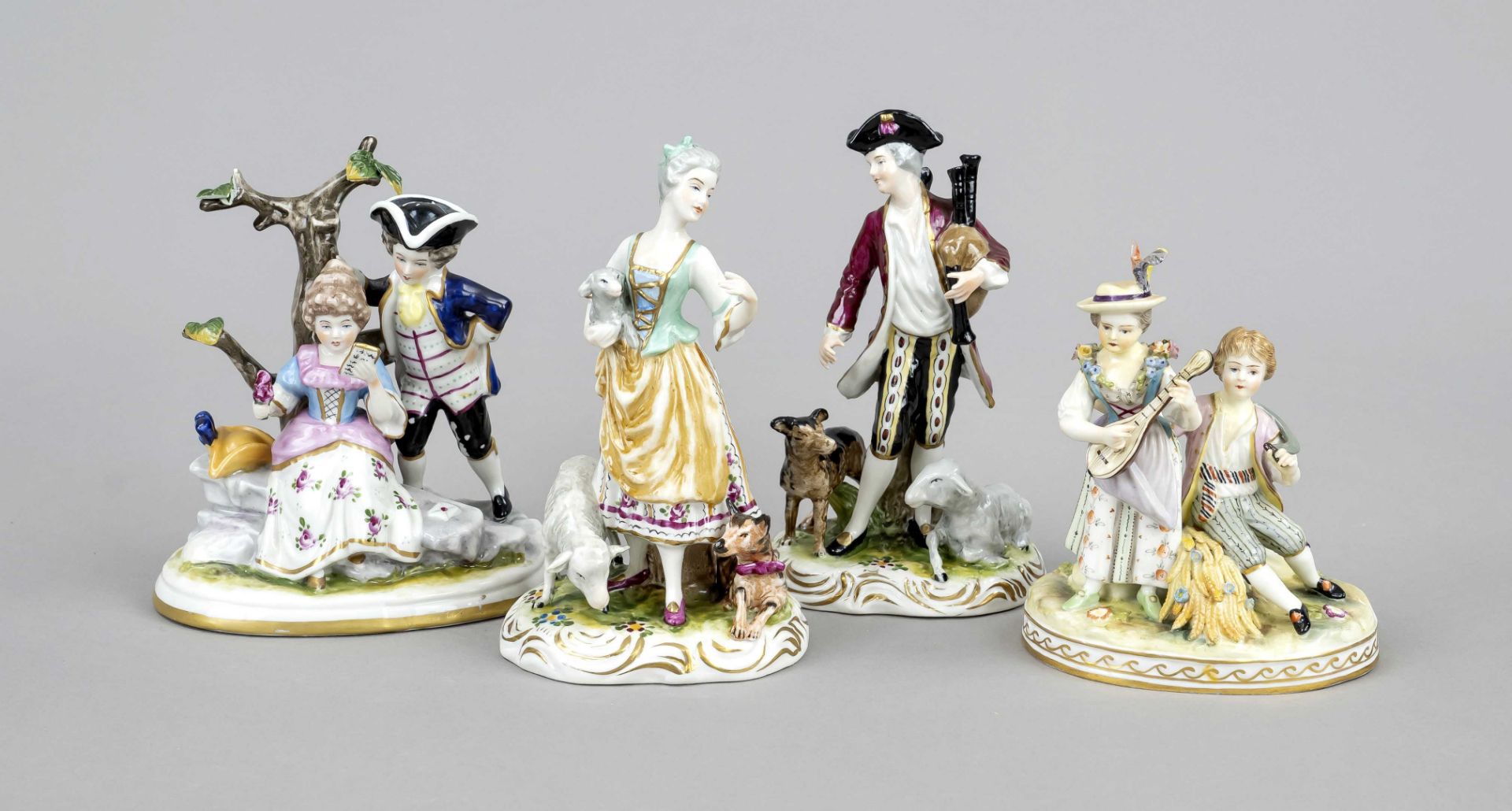 Four groups of figures, 20th century, pair of shepherds, w. Thuringia, on round base, h. 17 cm,