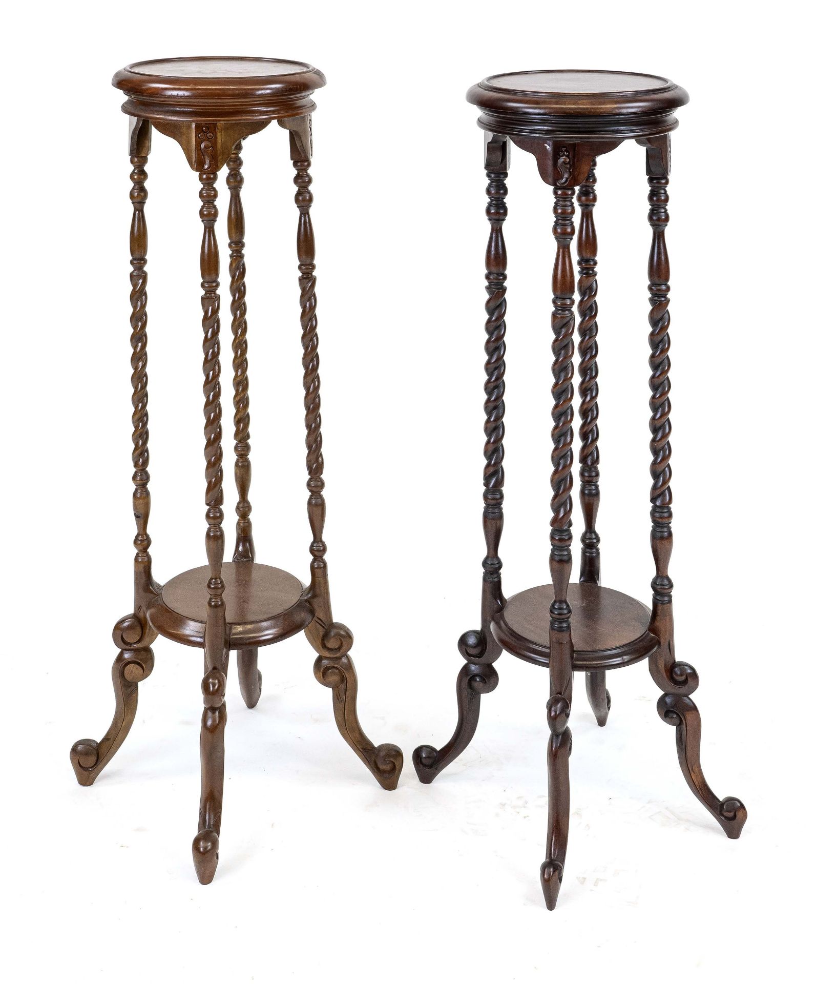 Pair of English-style palm tree pedestals, 20th century, mahogany, h. 100 cm, d. 28 cm