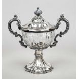 Lidded box, France, c. 1900, silver 950/000, on a round, curved stand, applied handles to the sides,