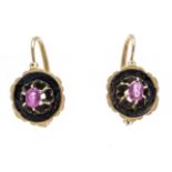 Enamel ruby earrings RG 585/000 (Russian 56 hallmarked) with black enamel and 2 oval faceted