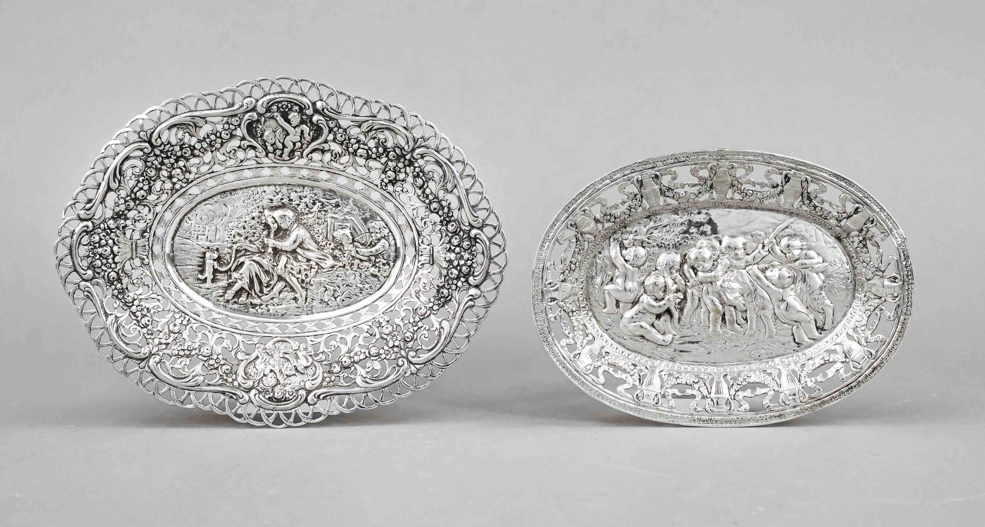 Two oval bowls, 20th century, 1x German, silver 800/000, each with pierced rim, mirror with