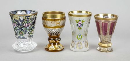 Mixed lot of four beakers, Bohemia, 20th century, various shapes and sizes, clear glass,