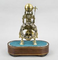 Polished brass skeleton clock, England, circa 1860, spring-wound, chain and fusee, on oval wooden