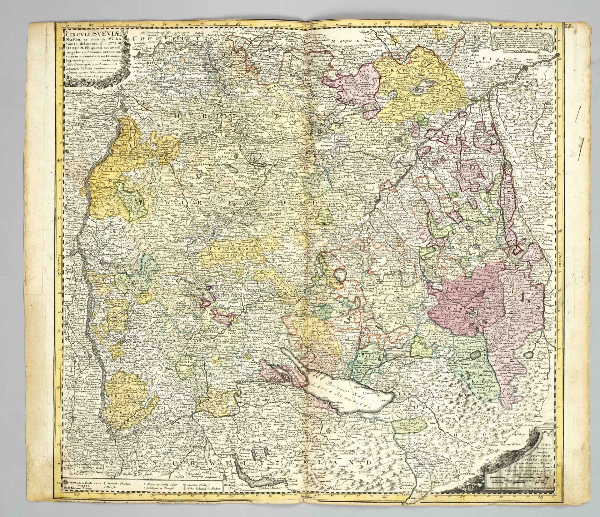 Historical map of Baden-Württemberg, ''Circuli Sveviae...'', partly col. Copper engraving by