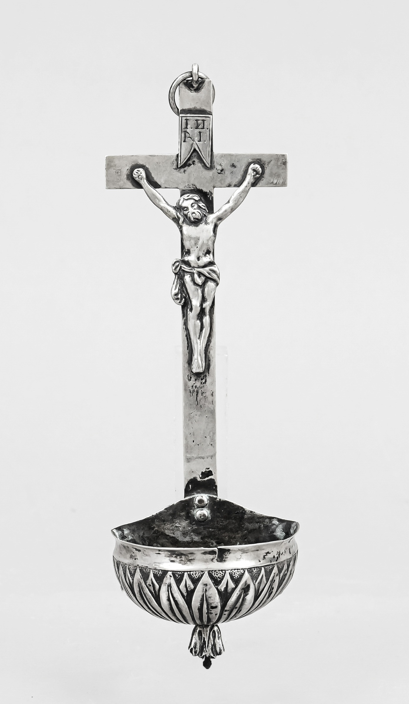 Holy water font, probably Russia, 18th century(?), silver tested, crucifix with the Corpus Christi