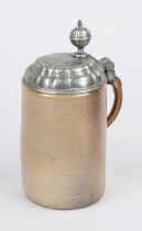 Cylindrical jug, 18th/19th century, glazed stoneware. Pewter lid mounting with engraving, year