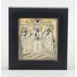 Small icon, Russia, with silver(?) oklad, depicting three saints, behind glass, framed, 8.5 x 8