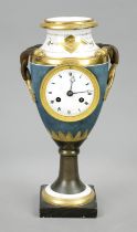 Porcelain vase clock with snake handle, 1st half 19th century, burnished base and foot, richly gilt,