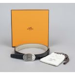 Hermes, narrow reversible belt, soft black and grained light grey leather, silver-colored oval