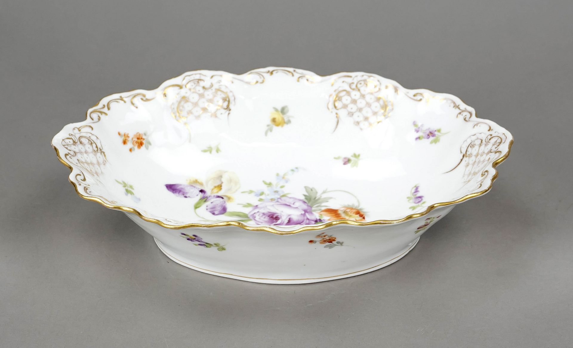 Oval decorative bowl, Richard Klemm, Dresden, Marek 1888-1918, polychrome flower painting with