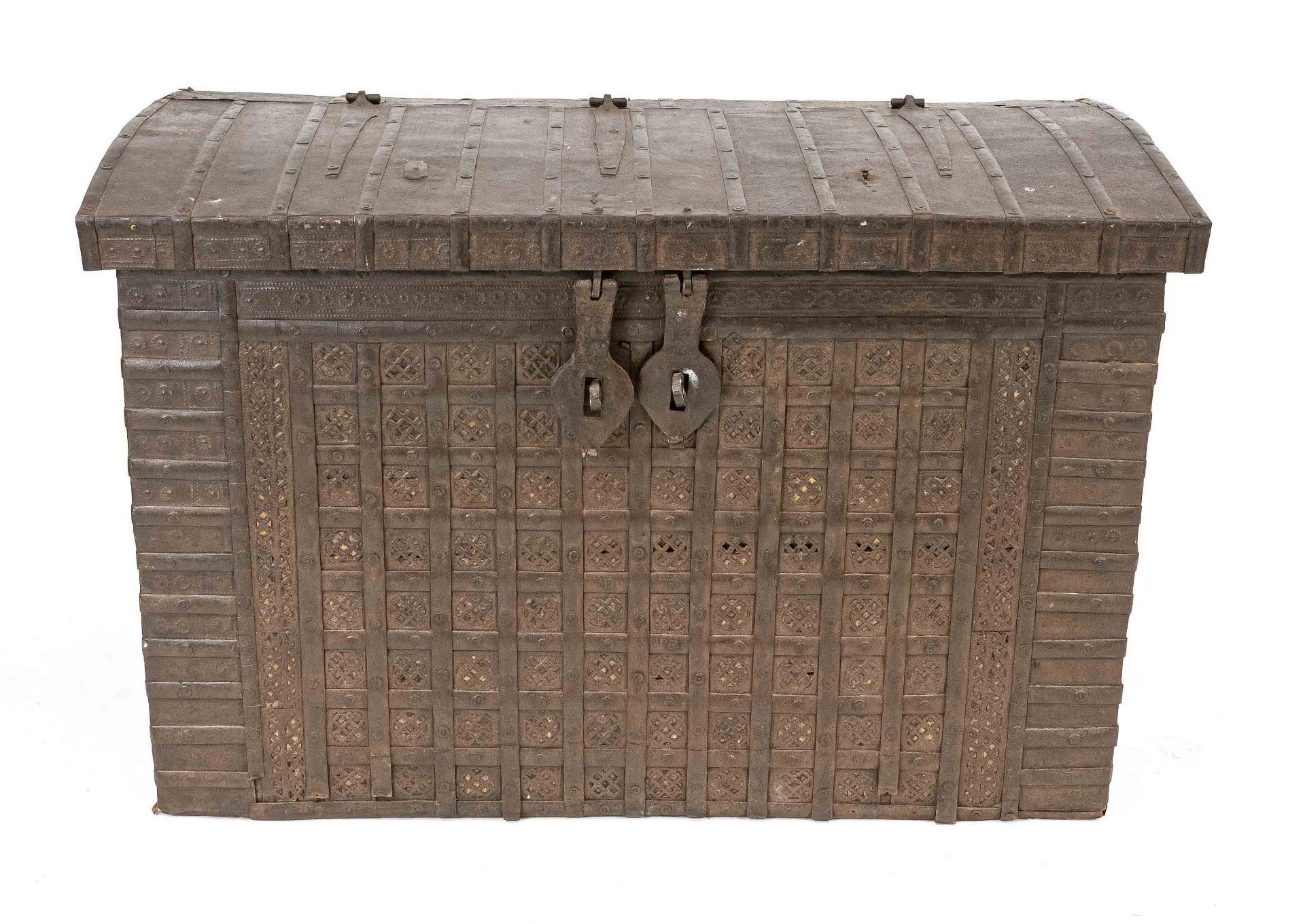 Large, probably oriental chest, 19th century or older, wooden body with sheet iron fittings, 76 x