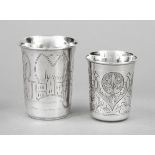 Two mugs, hallmarked Russia, c. 1900, different makers, silver 84 zolotniki (875/000), each with