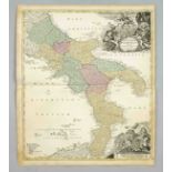 Historical map of southern Italy, ''Totius Regni Neapolis'', partly col. Copper engraving by
