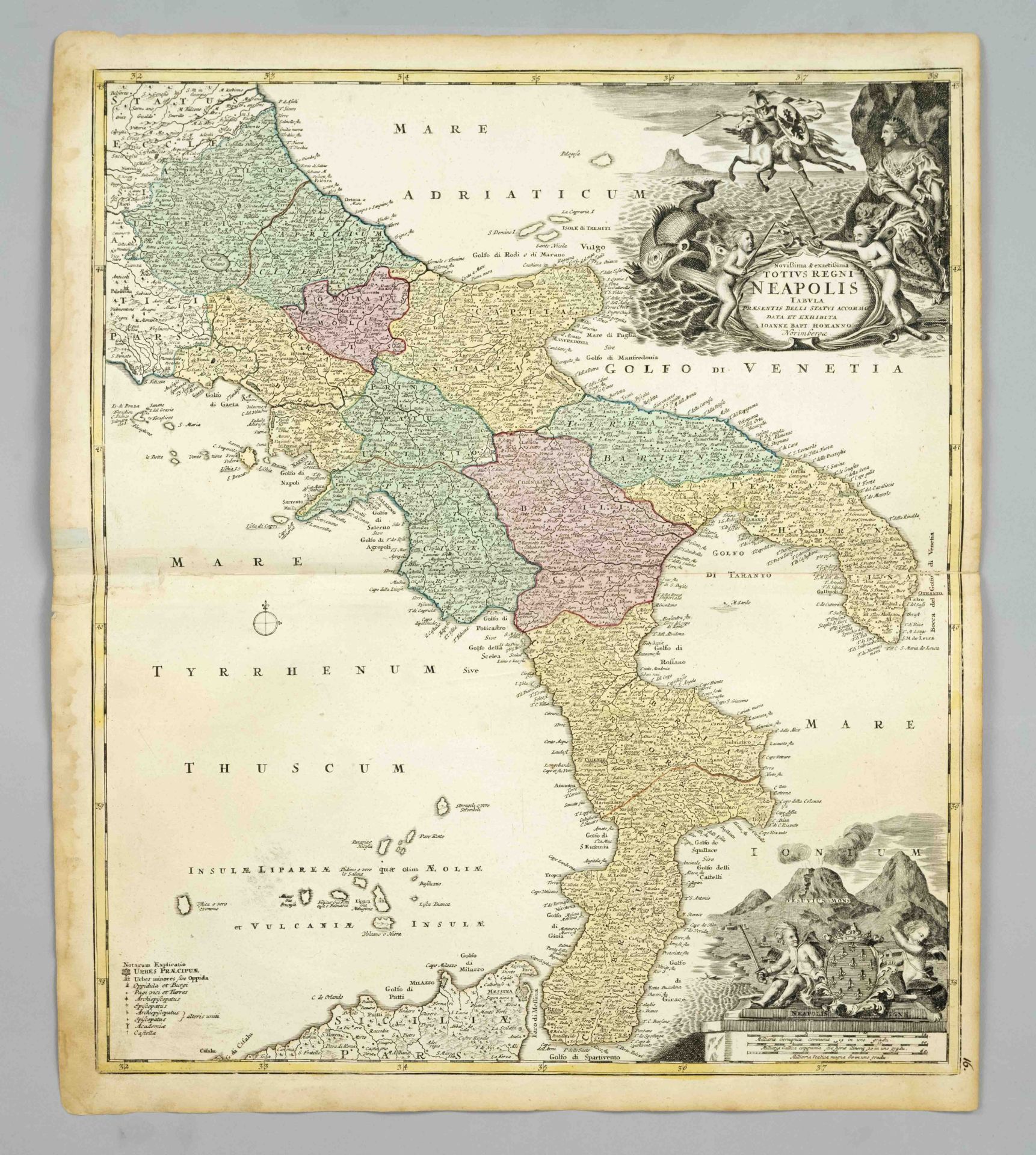 Historical map of southern Italy, ''Totius Regni Neapolis'', partly col. Copper engraving by