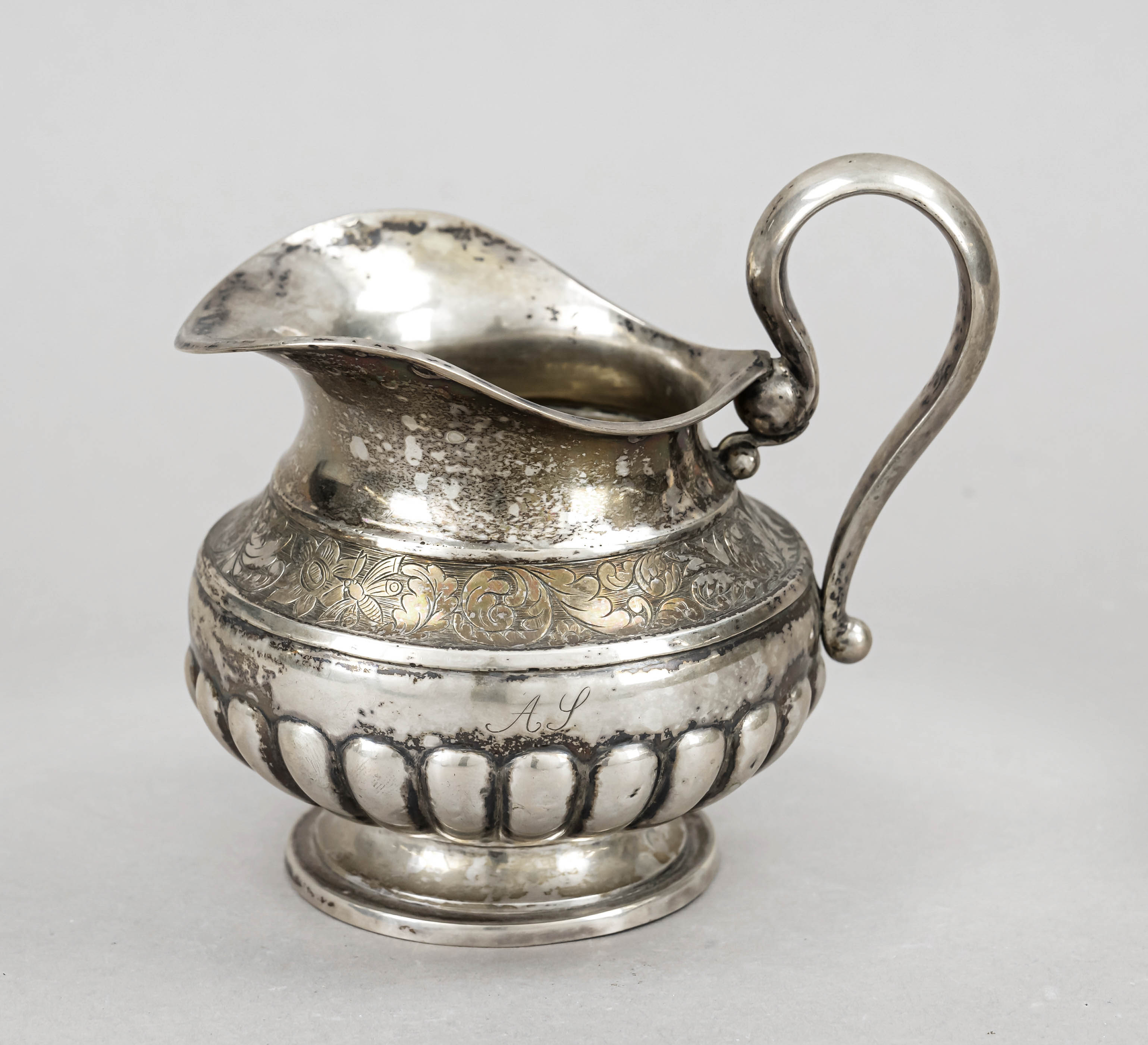 Cream jug, 19th century, maker's mark J.H., silver 12 solder (750/000), round base, bulbous body,