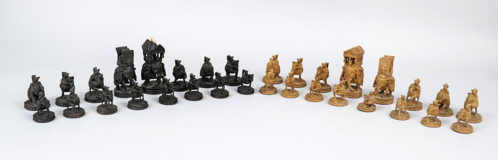 Set of chess pieces, Thailand, 1st half 20th century, dark and light wood, very finely carved,