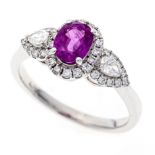 Burma ruby ring WG 750/000 with an oval faceted Burma ruby 0.81 ct in a bright pinkish red,