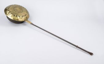 Bedpan, 18th/19th century, iron, copper, brass. Long handle, openwork hinged lid, l. 97 cm