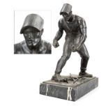 Oskar Garvens (1874-1951), steel worker with tongs and raised visor, patinated bronze, signed on