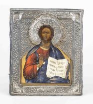 Icon of Christ with Oklad, hallmarked Russia, 1896, hallmark Anatoly Apollonovich Artsybashev,