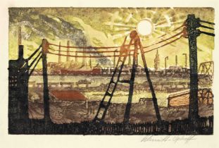 Hans Erich Schmidt-Uphoff (1911-2002), Zwickauer Industrielandschaft, monotype with watercolor,