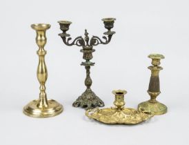 4 candlesticks, 19th/20th century, 3 x brass, 1 x bronze. Different versions, rubbed, h. up to 28