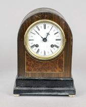 Wooden table clock with brass inlays and burl wood inlay, white dial with black Roman numerals and