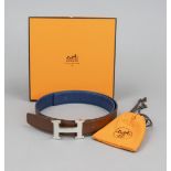 Hermes, reversible belt, fawn and royal blue grained leather, silver-tone guilloché logo buckle,