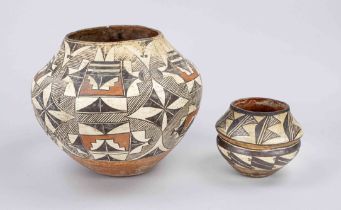 2 vessels, 20th century, USA (Acoma/New Mexico), ceramic with polychrome, geometric decoration.