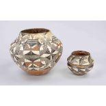 2 vessels, 20th century, USA (Acoma/New Mexico), ceramic with polychrome, geometric decoration.